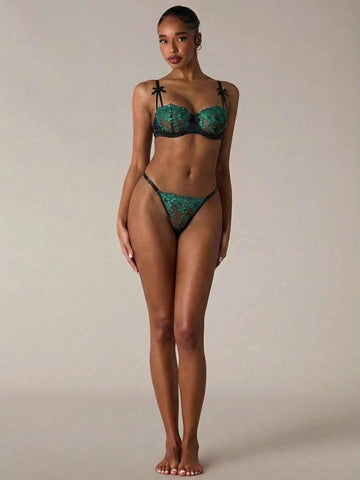 Green Floral Embroidery Hollow Out Lingerie Set