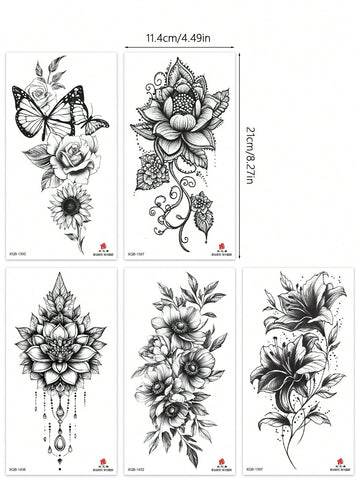 Black Floral Lotus Butterfly Tattoo Set