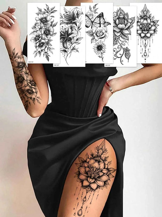 Black Floral Lotus Butterfly Tattoo Set
