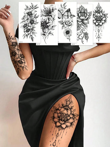 Black Floral Lotus Butterfly Tattoo Set