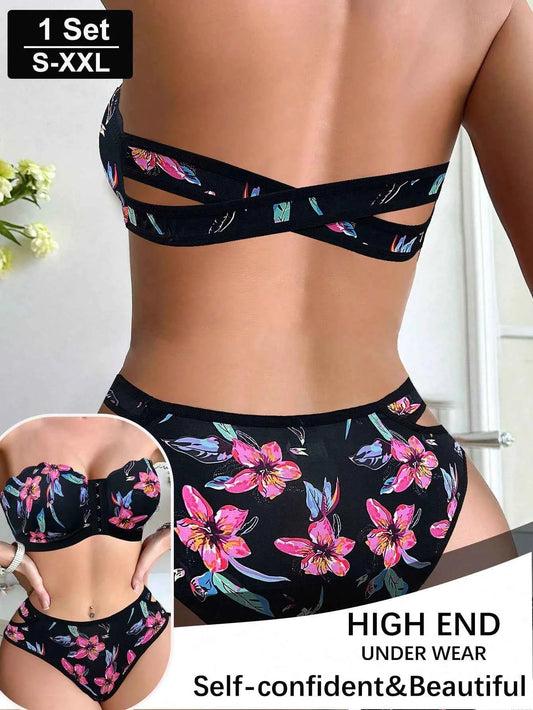 Black Tropical Floral Print Strapless Front-Closure Bra Lingerie Set