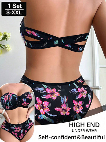 Black Tropical Floral Print Strapless Front-Closure Bra Lingerie Set