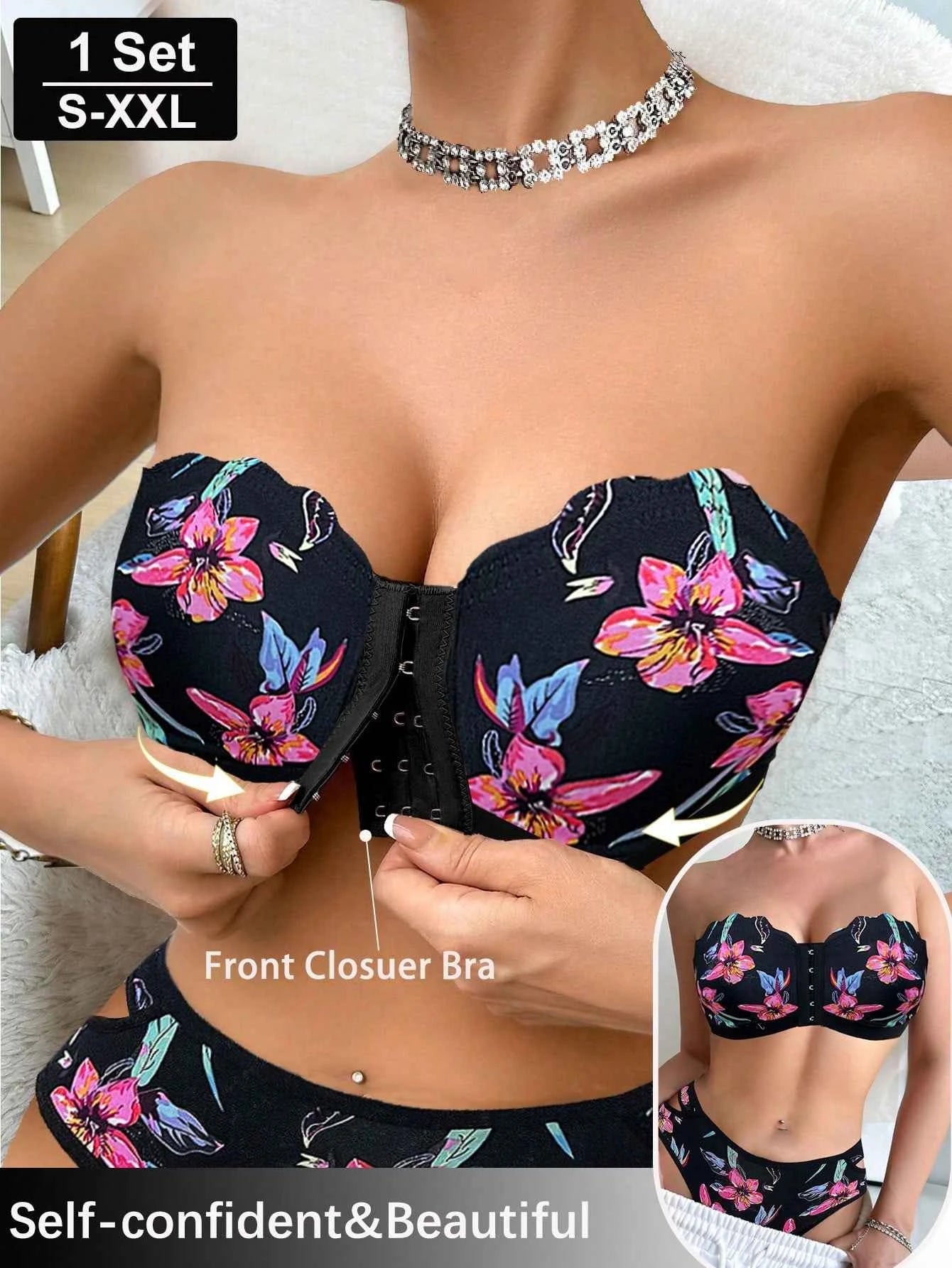 Black Tropical Floral Print Strapless Front-Closure Bra Lingerie Set