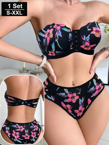 Black Tropical Floral Print Strapless Front-Closure Bra Lingerie Set