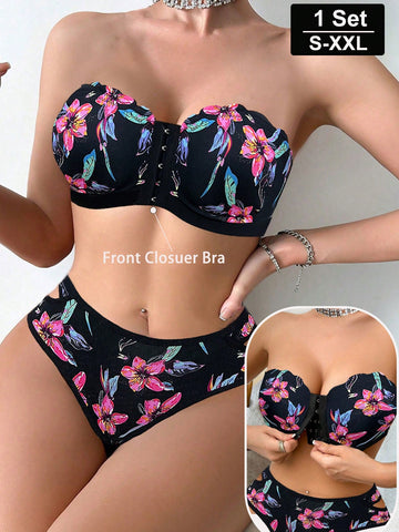 Black Tropical Floral Print Strapless Front-Closure Bra Lingerie Set