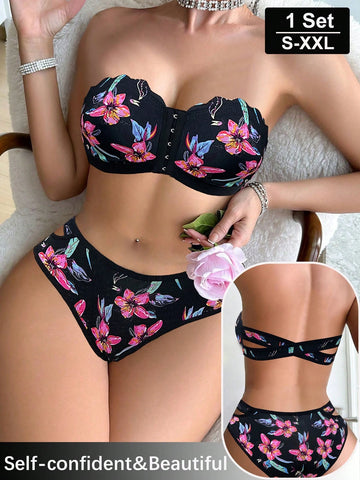 Black Tropical Floral Print Strapless Front-Closure Bra Lingerie Set