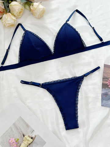 Navy Lace-Trim Triangle Lingerie Set