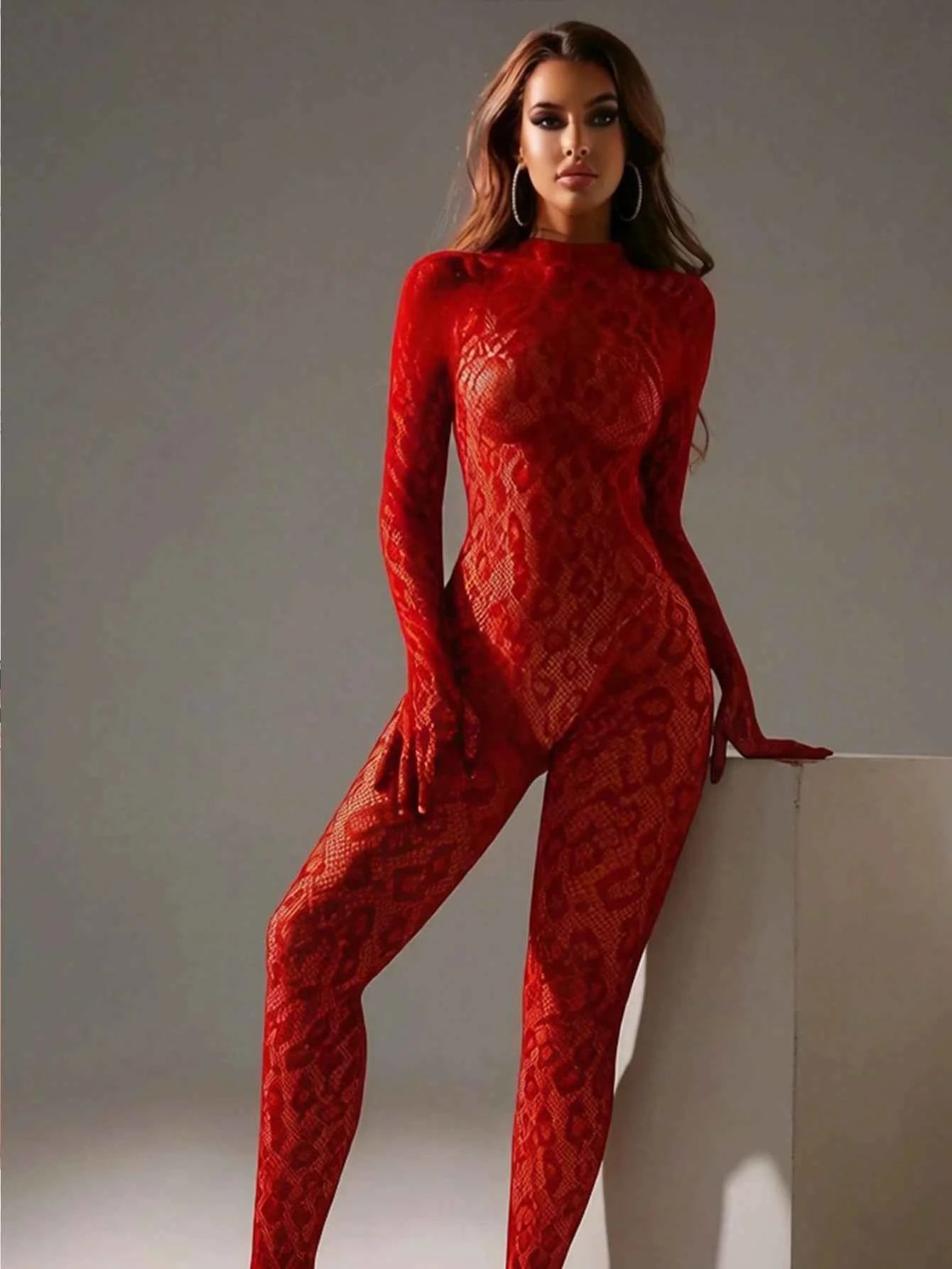 Fishnet Elastic Role Play Bodysuit - Red