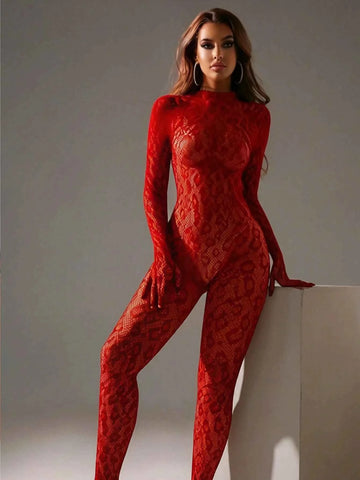 Fishnet Elastic Role Play Bodysuit - Red