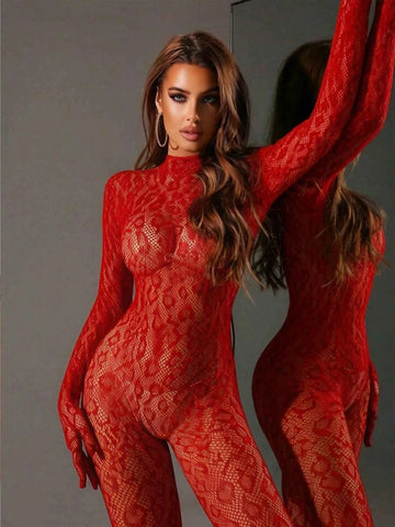 Fishnet Elastic Role Play Bodysuit - Red