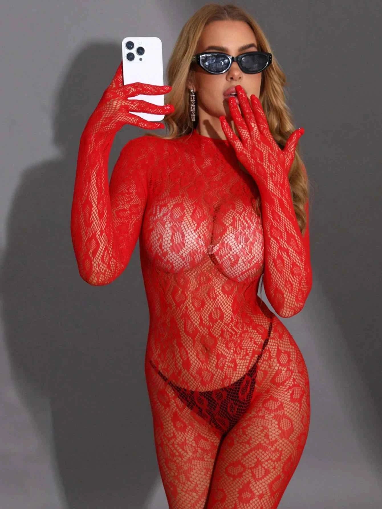 Fishnet Elastic Role Play Bodysuit - Red