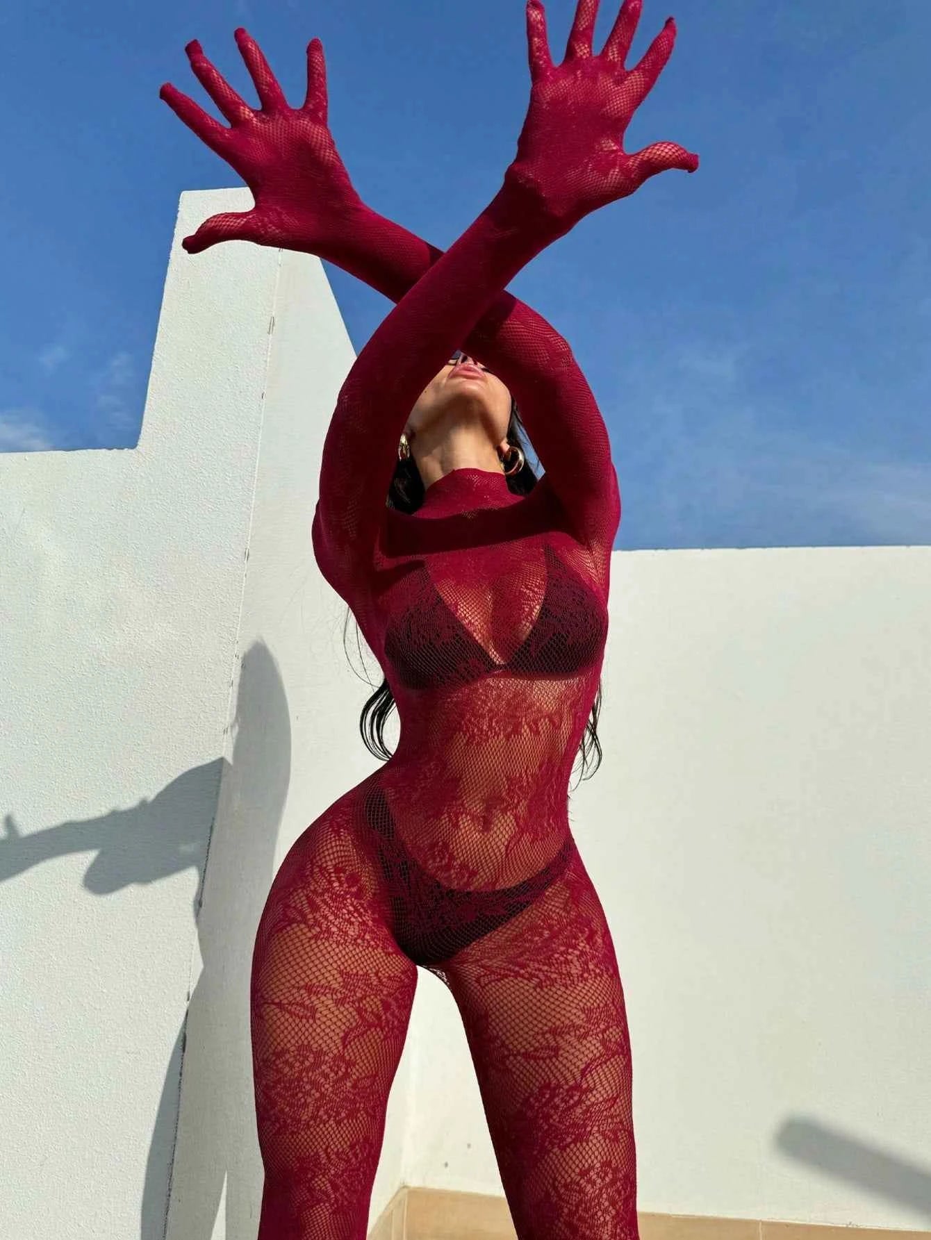 Long Sleeve Sheer Mesh Monokini Swimsuit