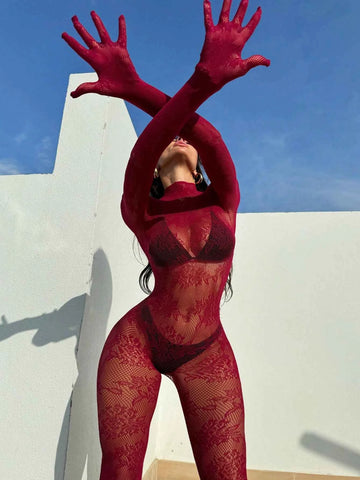 Long Sleeve Sheer Mesh Monokini Swimsuit