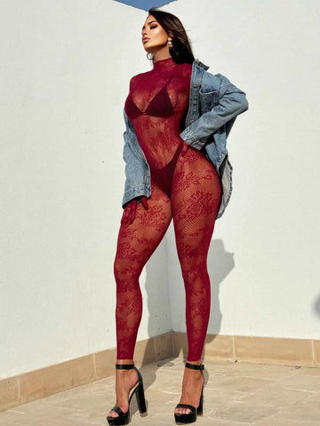 Long Sleeve Sheer Mesh Monokini Swimsuit