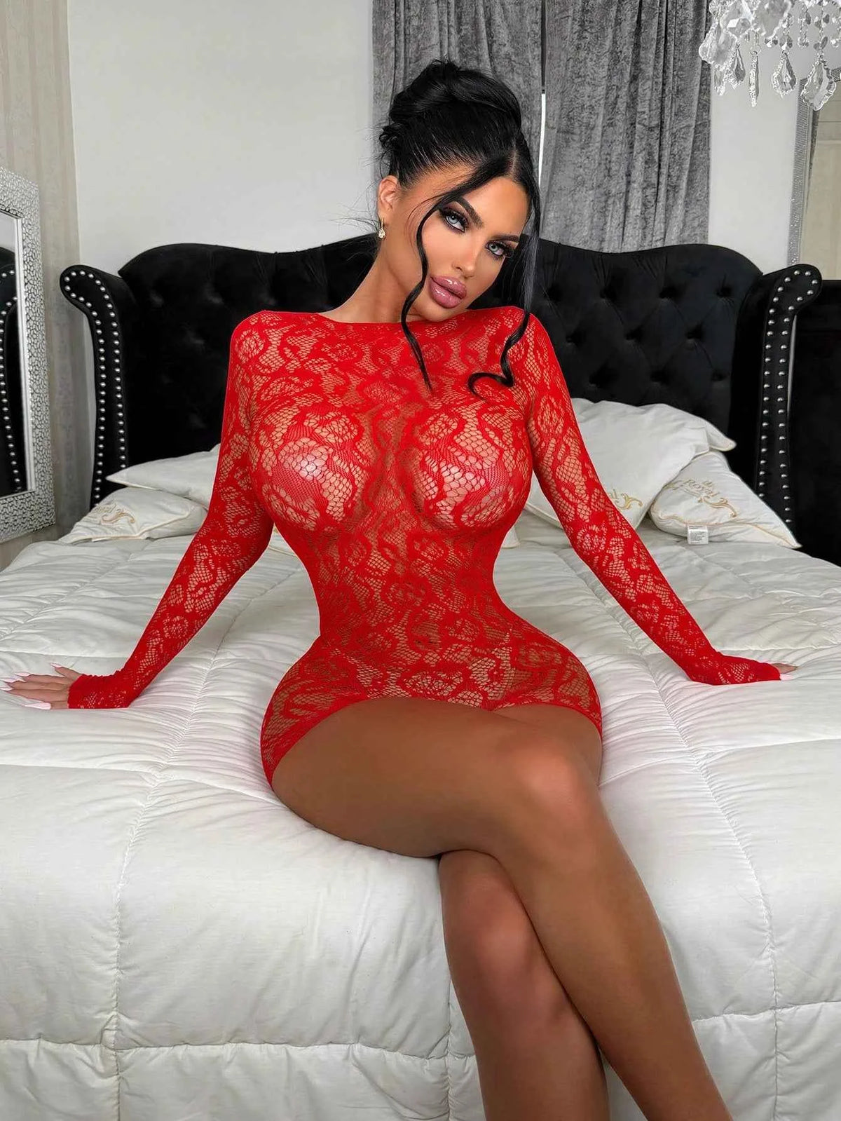 Sheer Hollow Fishnet Bodysuit - Red