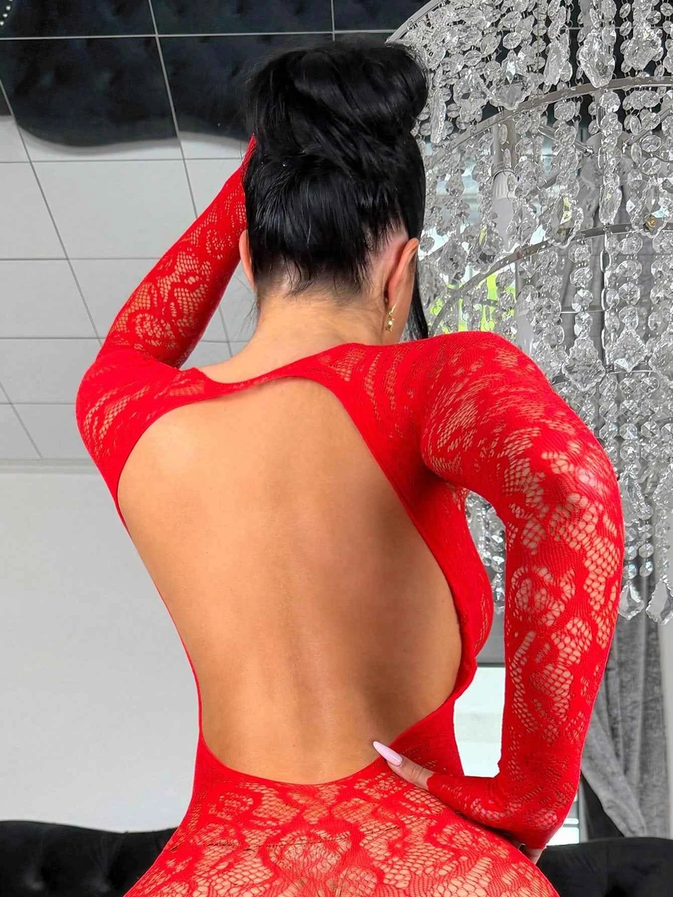 Sheer Hollow Fishnet Bodysuit - Red