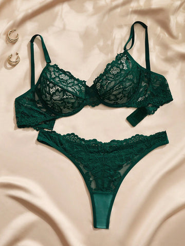 Forest Green Lace Underwire Lingerie Set