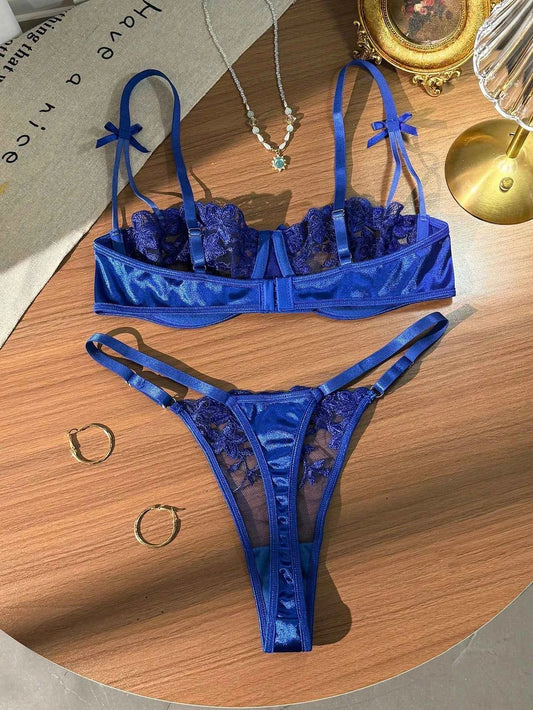 Blue Floral Embroidery Sheer Mesh Lingerie Set