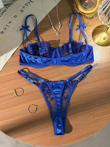Blue Floral Embroidery Sheer Mesh Lingerie Set