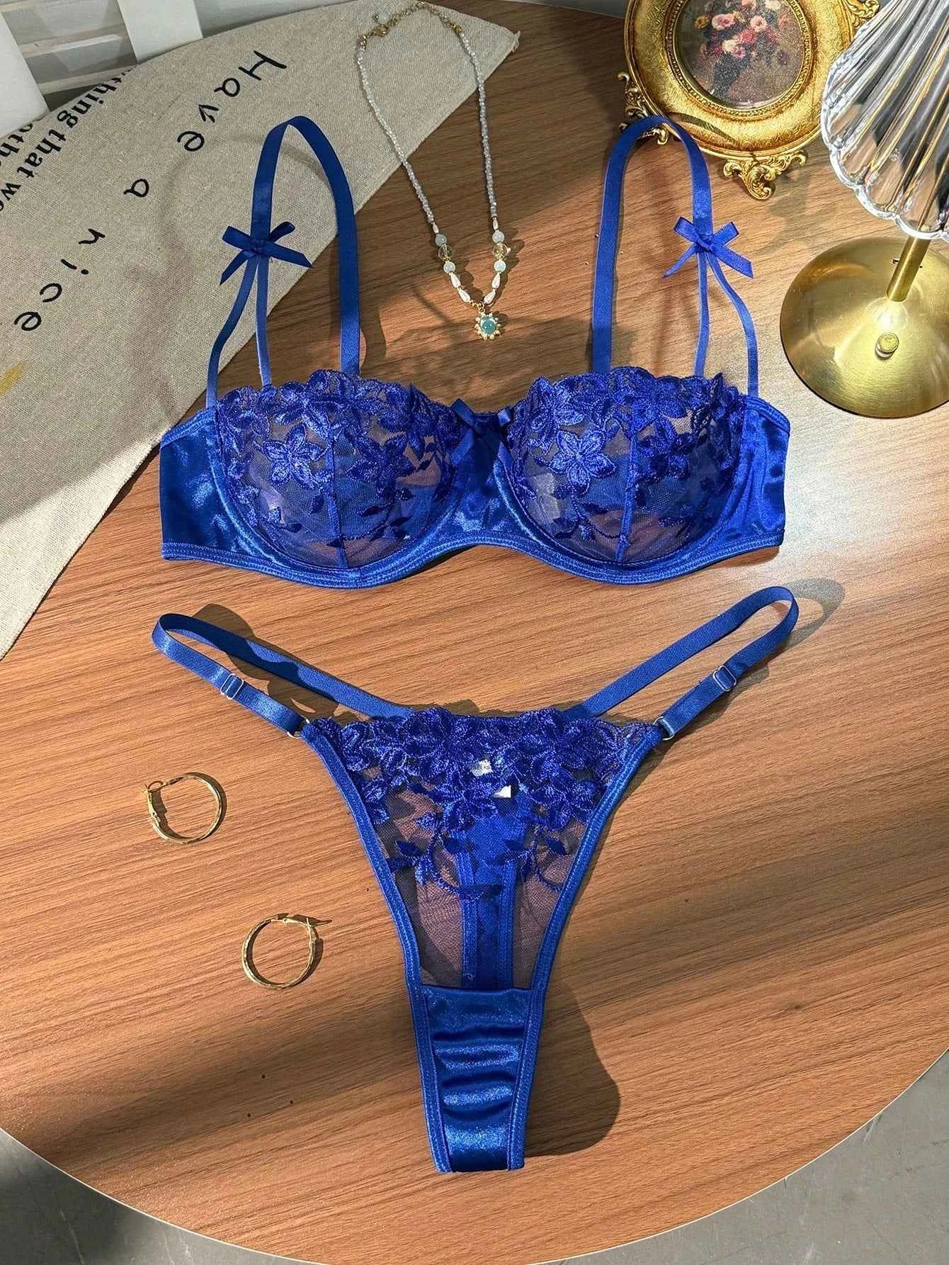 Blue Floral Embroidery Sheer Mesh Lingerie Set