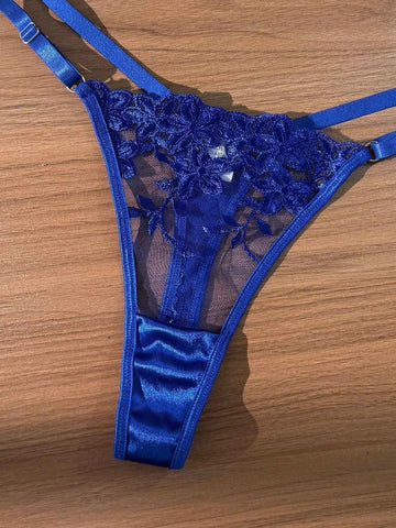 Blue Floral Embroidery Sheer Mesh Lingerie Set