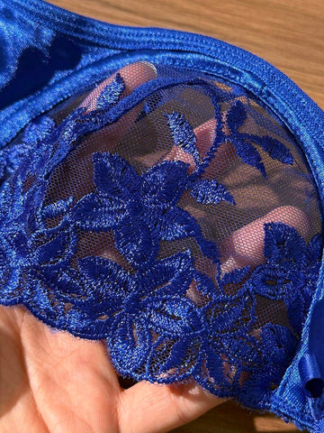 Blue Floral Embroidery Sheer Mesh Lingerie Set