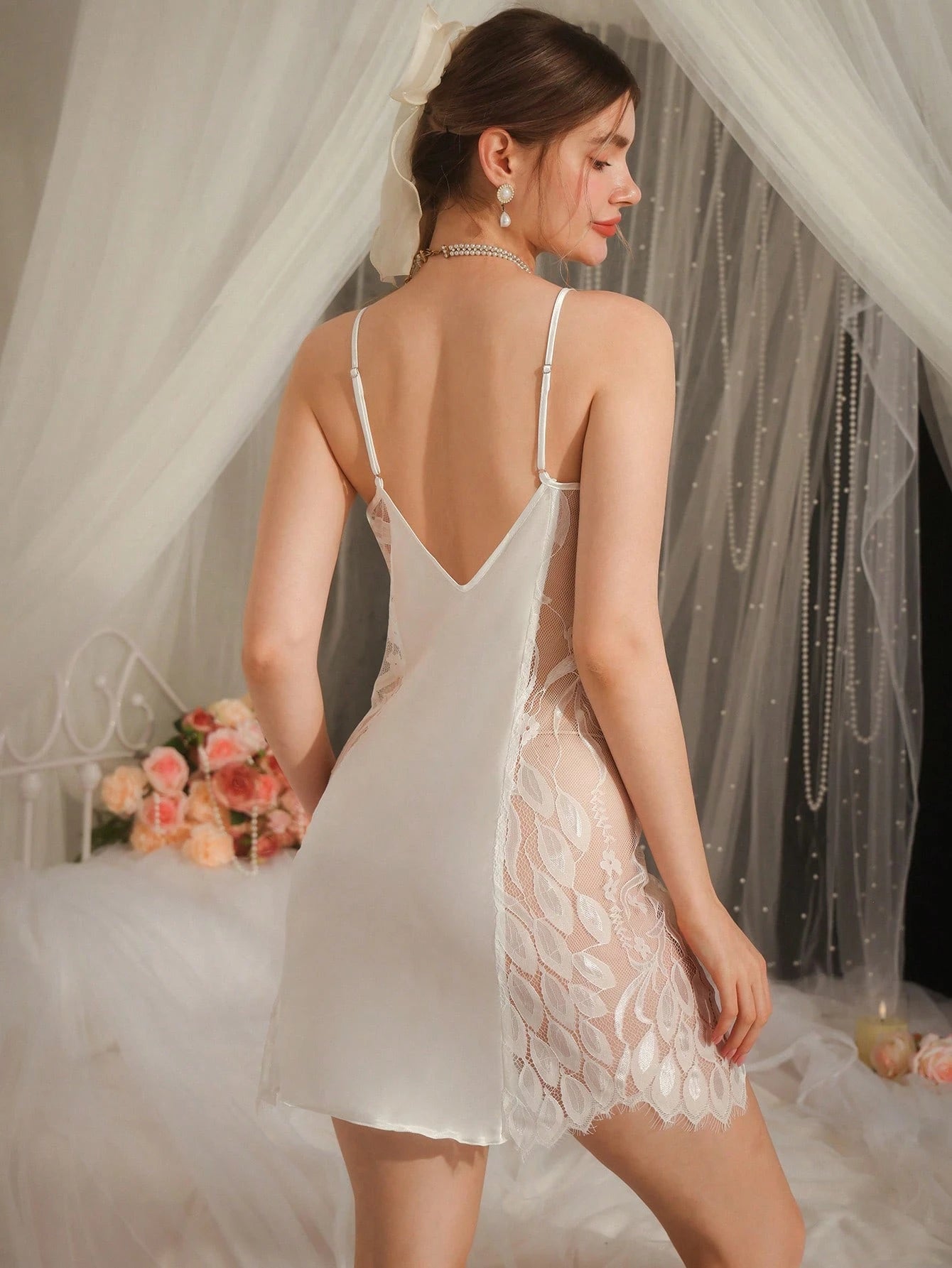 Lace Satin V-Neck Slip Nightie With Straps - TFI Lingerie Pakistan - Image 2
