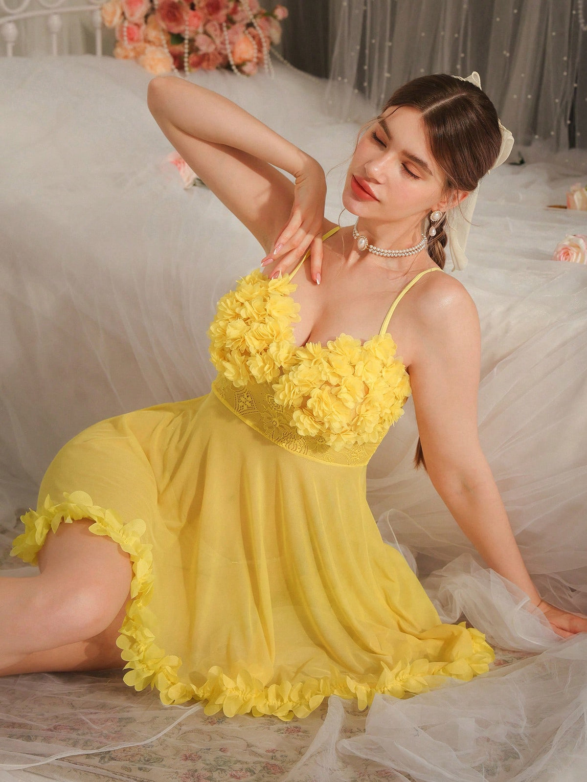 3D Flower Lace See-Through Cami Sleep Nightie - TFI Lingerie Pakistan