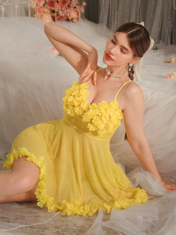 3D Flower Lace See-Through Cami Sleep Nightie - TFI Lingerie Pakistan