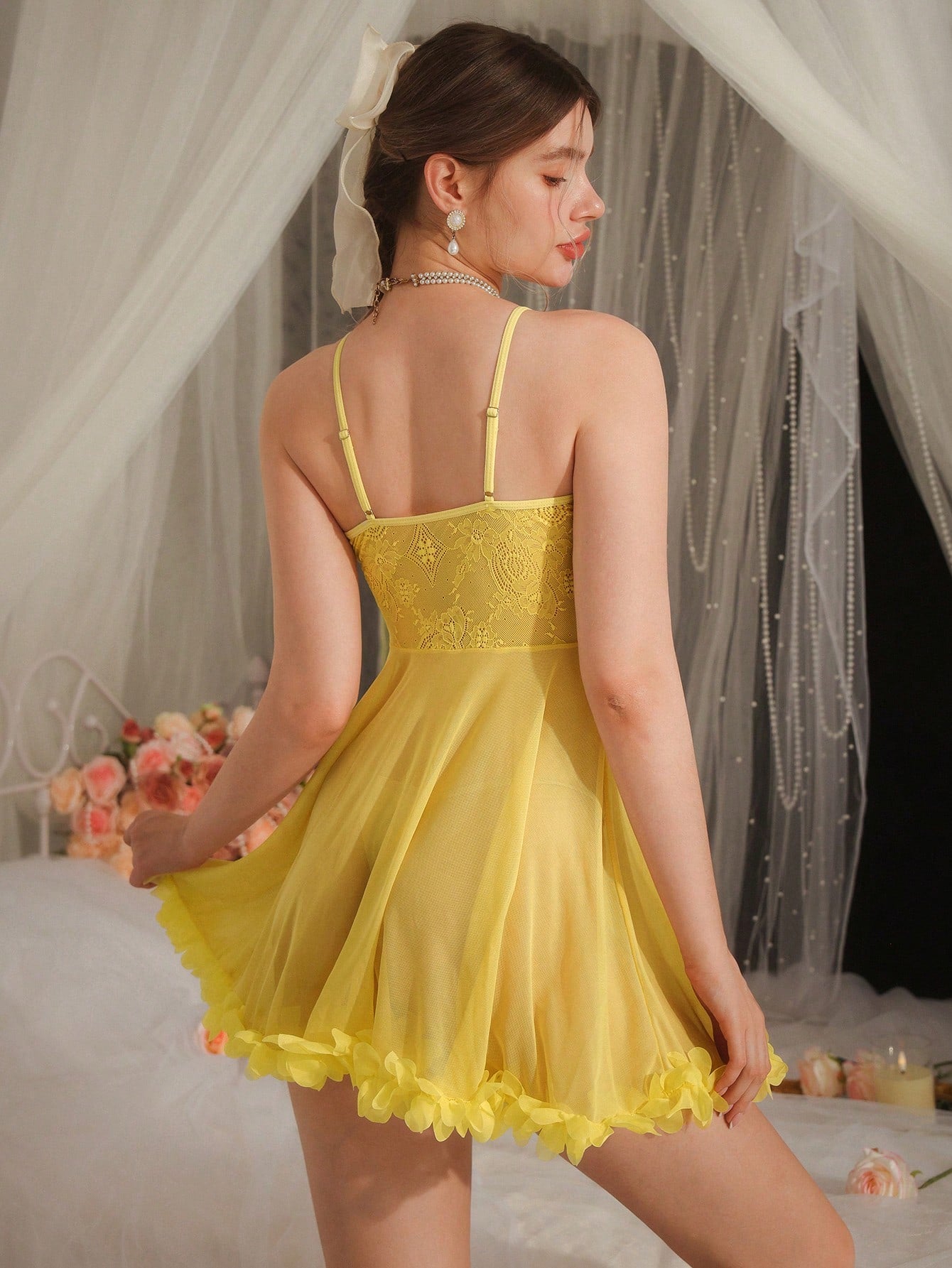 3D Flower Lace See-Through Cami Sleep Nightie - TFI Lingerie Pakistan - Image 2