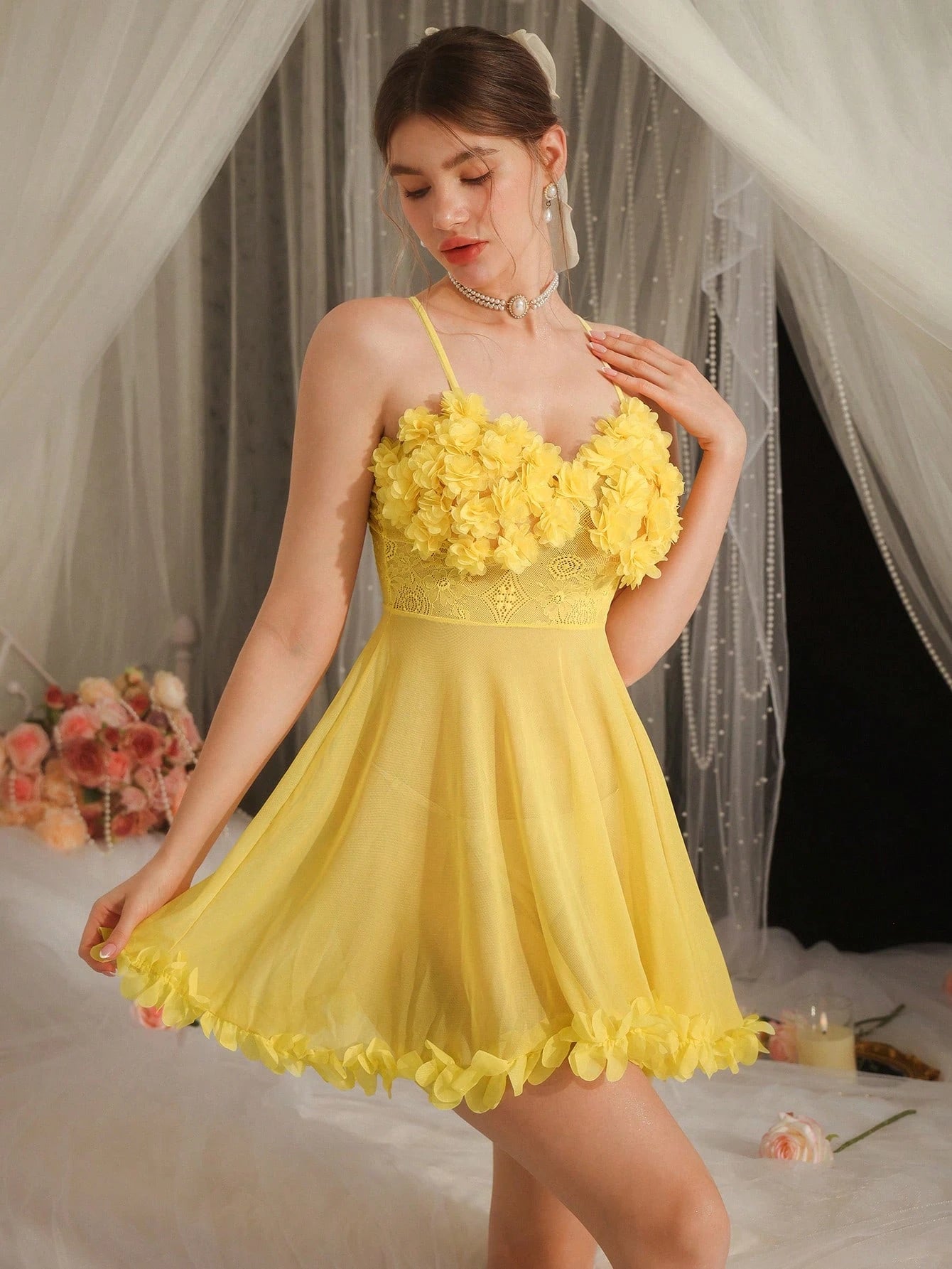 3D Flower Lace See-Through Cami Sleep Nightie - TFI Lingerie Pakistan - Image 3