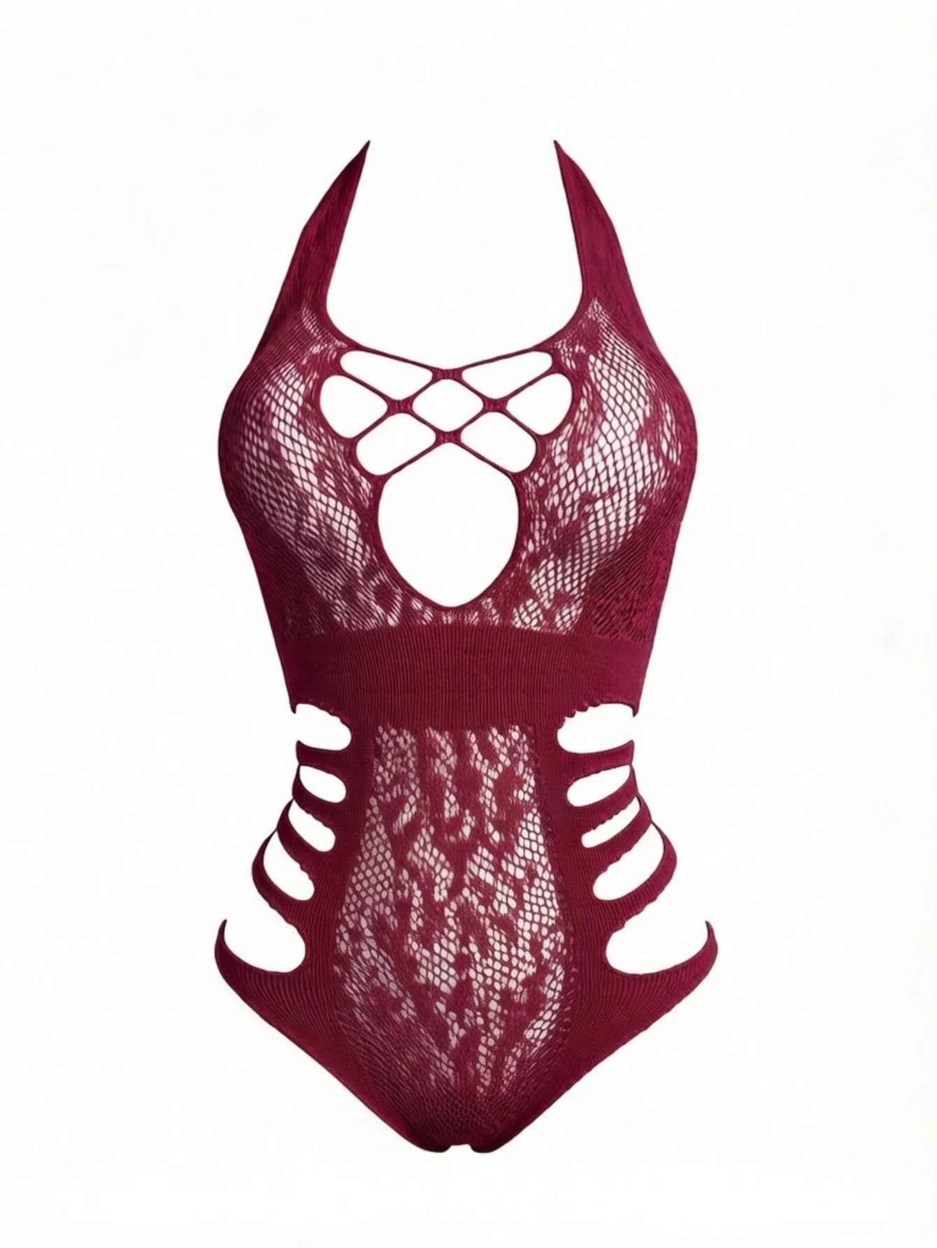 Elastic Fishnet Hollow Out Design Sexy Sheer Halter Neck Jumpsuit