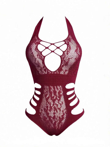 Elastic Fishnet Hollow Out Design Sexy Sheer Halter Neck Jumpsuit
