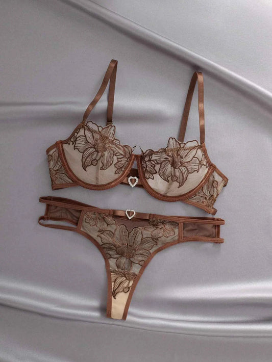 Brown Floral Embroidery Sheer Mesh Lingerie Set with Heart Charm Detail