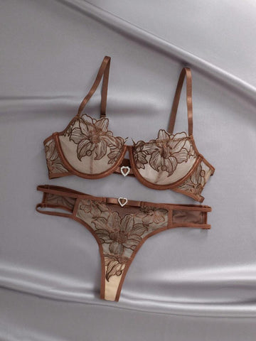 Brown Floral Embroidery Sheer Mesh Lingerie Set with Heart Charm Detail