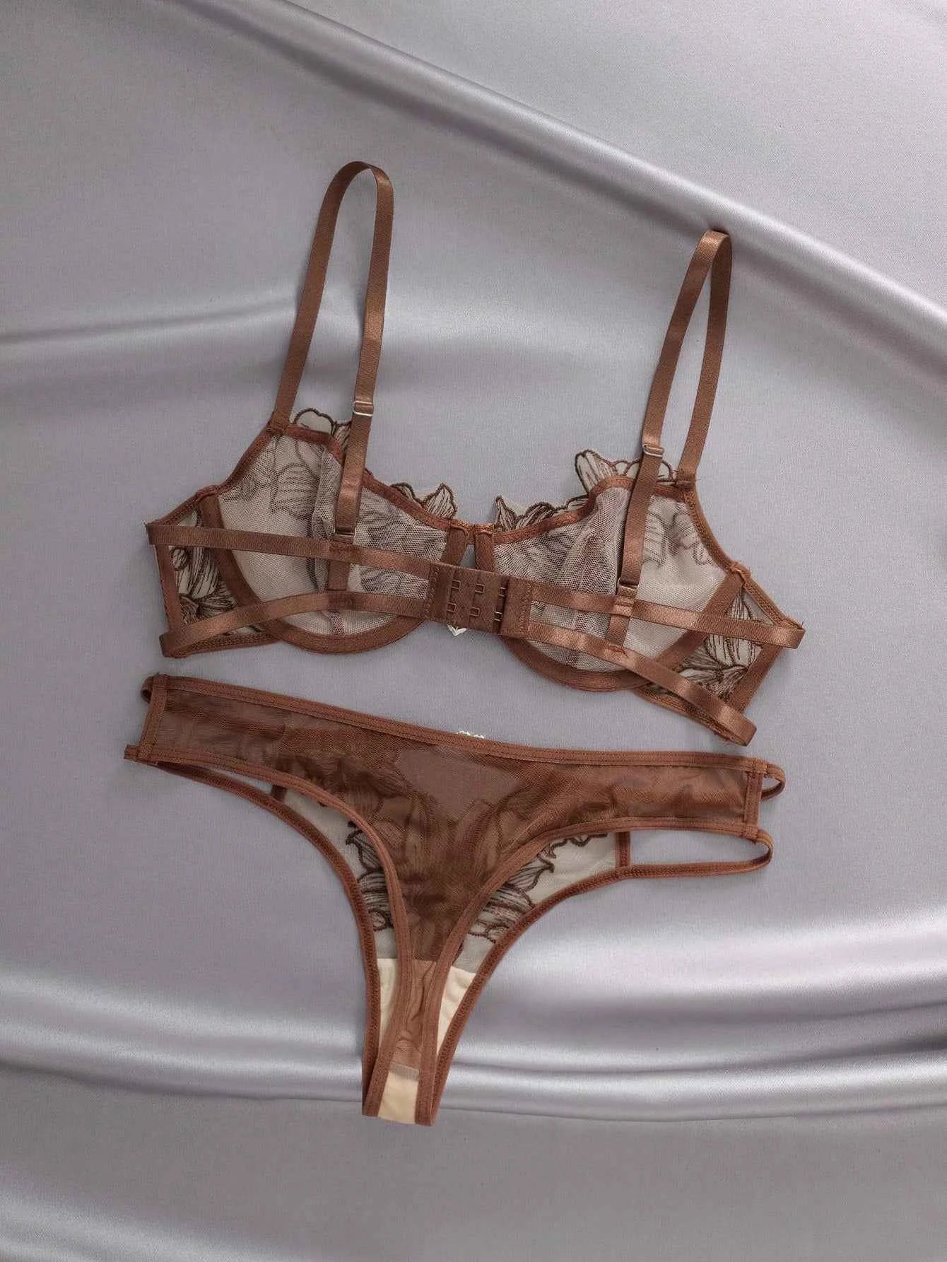 Brown Floral Embroidery Sheer Mesh Lingerie Set with Heart Charm Detail