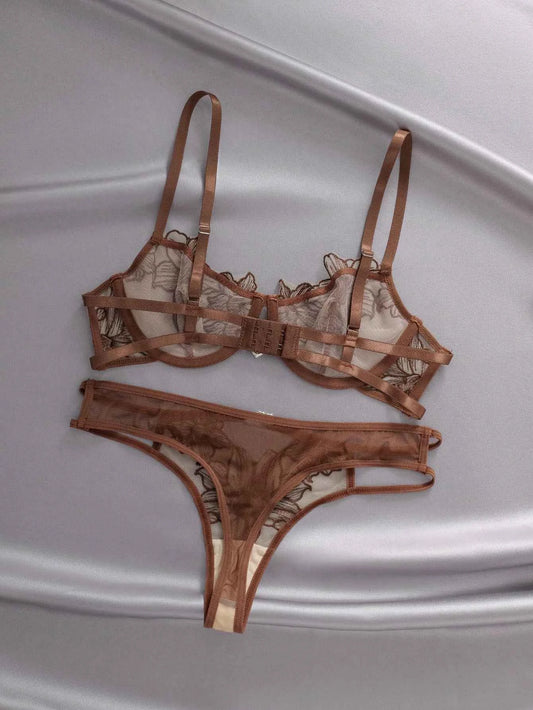 Brown Floral Embroidery Sheer Mesh Lingerie Set with Heart Charm Detail