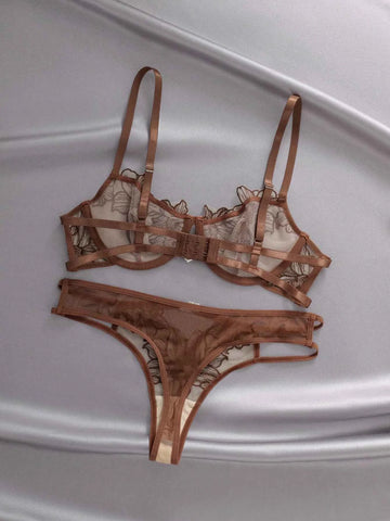 Brown Floral Embroidery Sheer Mesh Lingerie Set with Heart Charm Detail