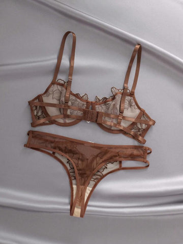 Brown Floral Embroidery Sheer Mesh Lingerie Set with Heart Charm Detail