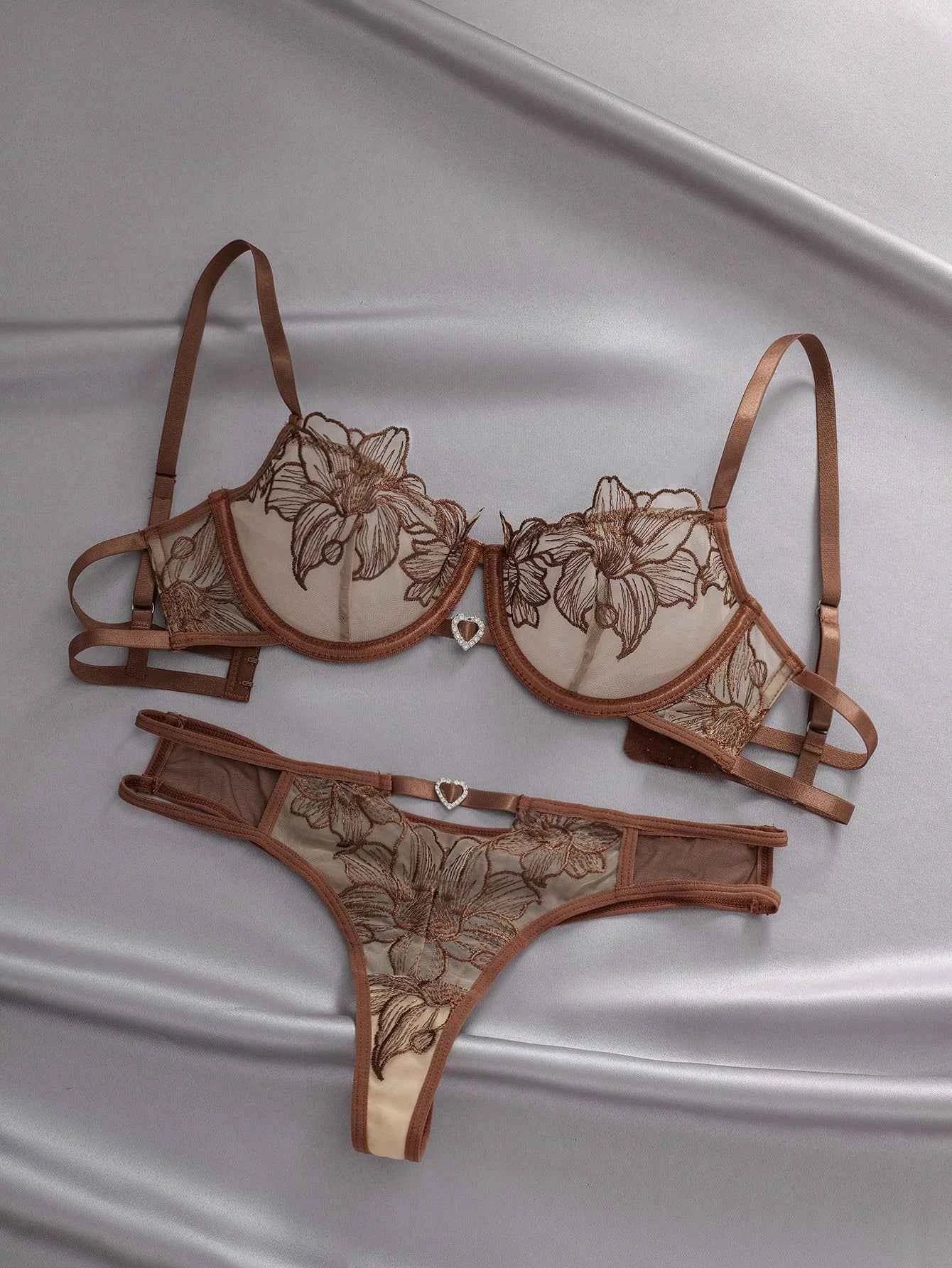 Brown Floral Embroidery Sheer Mesh Lingerie Set with Heart Charm Detail