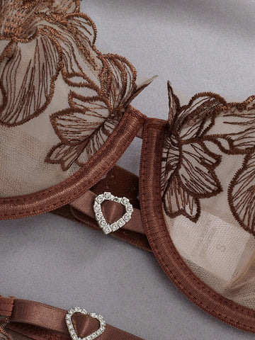 Brown Floral Embroidery Sheer Mesh Lingerie Set with Heart Charm Detail