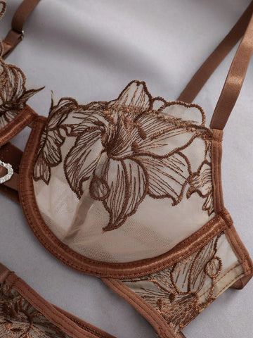 Brown Floral Embroidery Sheer Mesh Lingerie Set with Heart Charm Detail
