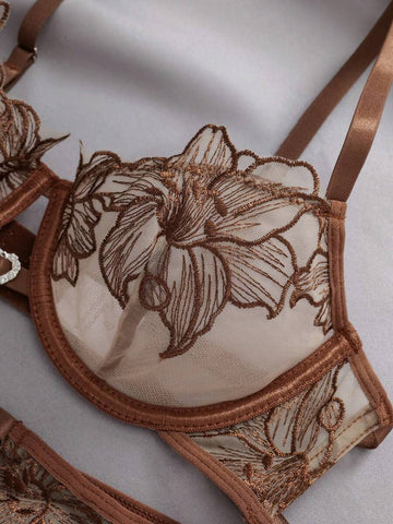 Brown Floral Embroidery Sheer Mesh Lingerie Set with Heart Charm Detail