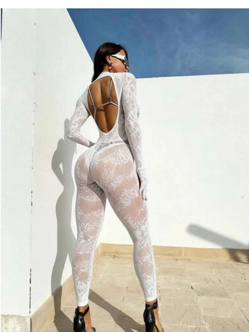 Long Sleeve Hollow Out Transparent Jumpsuit