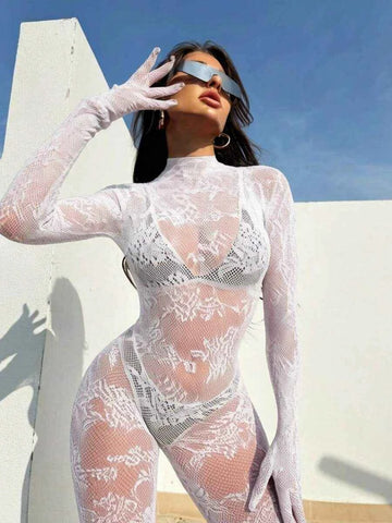 Long Sleeve Hollow Out Transparent Jumpsuit