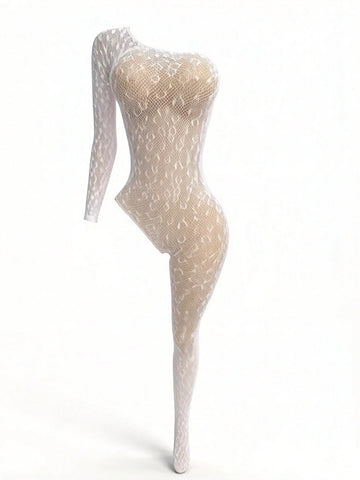 Leopard Print Long Sleeve Mesh Bodysuit - White