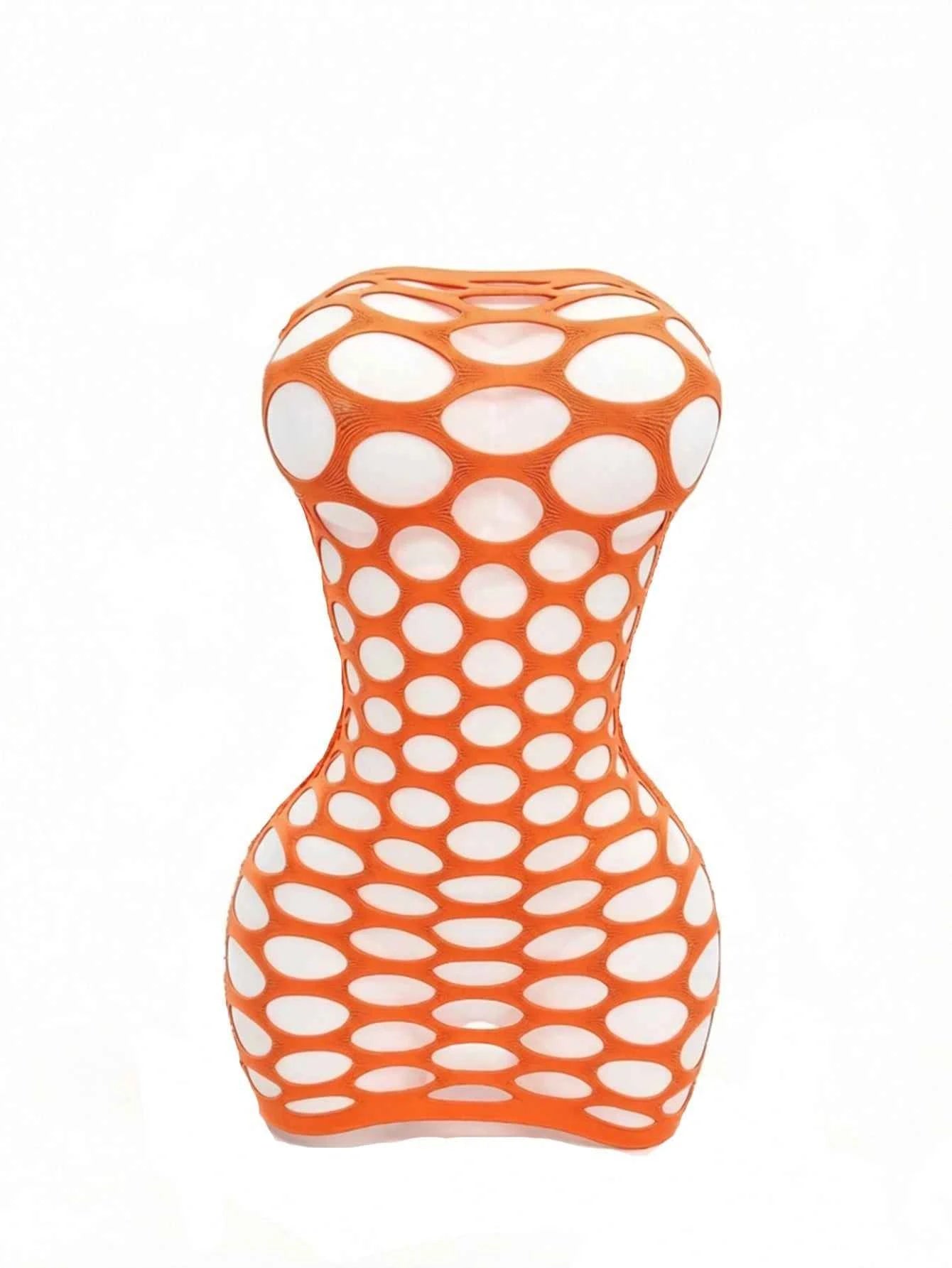 Fishnet Mini Dress Seamless Jumpsuit - Orange