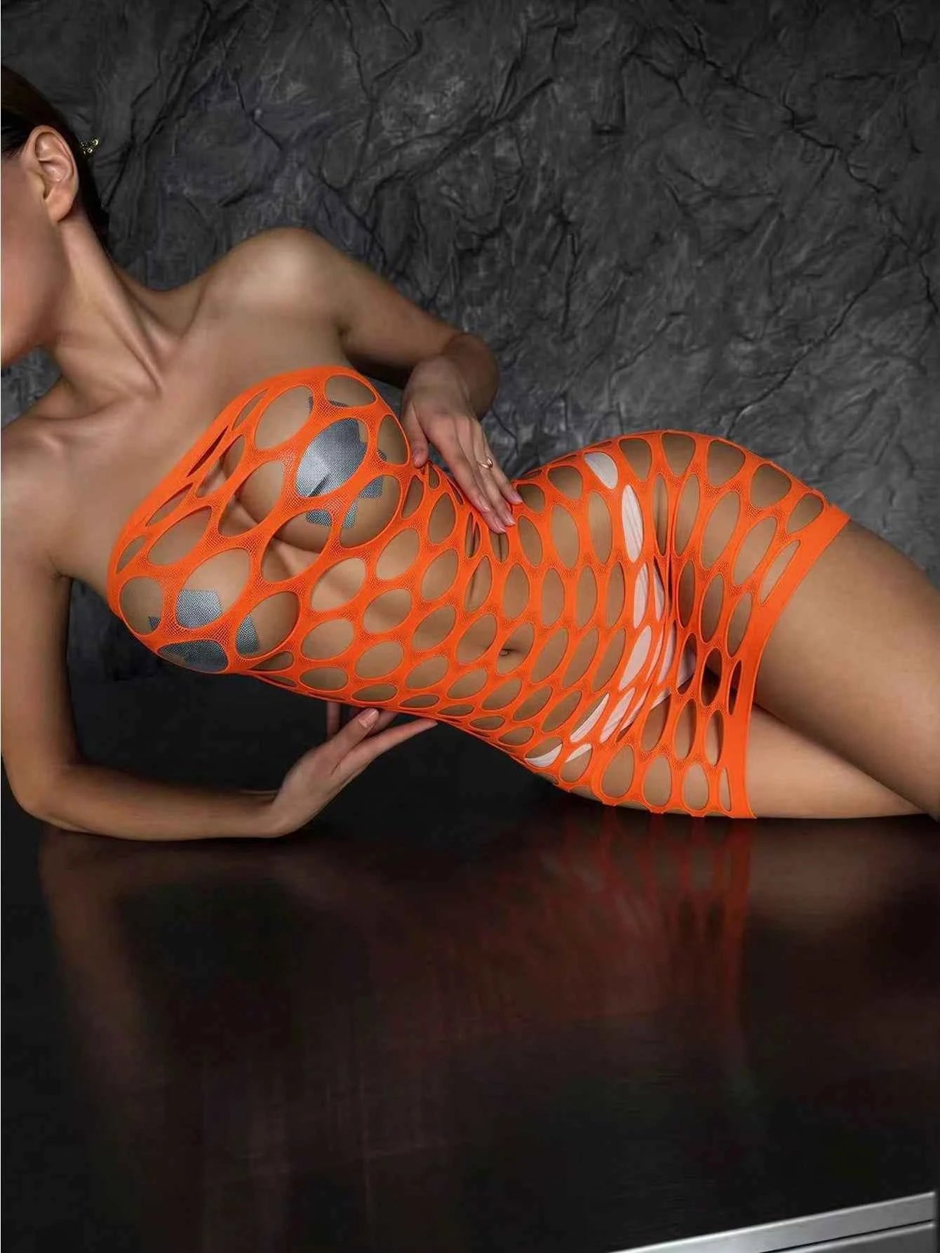 Fishnet Mini Dress Seamless Jumpsuit - Orange