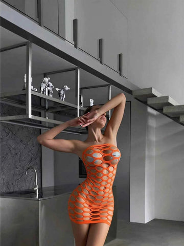 Fishnet Mini Dress Seamless Jumpsuit - Orange