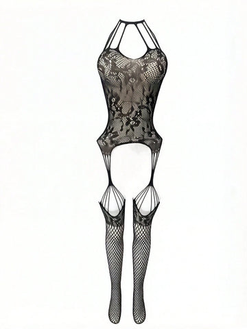 Lace Mesh Hollow Out Crotchless Bodysuit